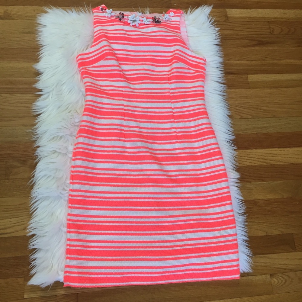 Leslie Fey Beaded Neckline Stripe Dress